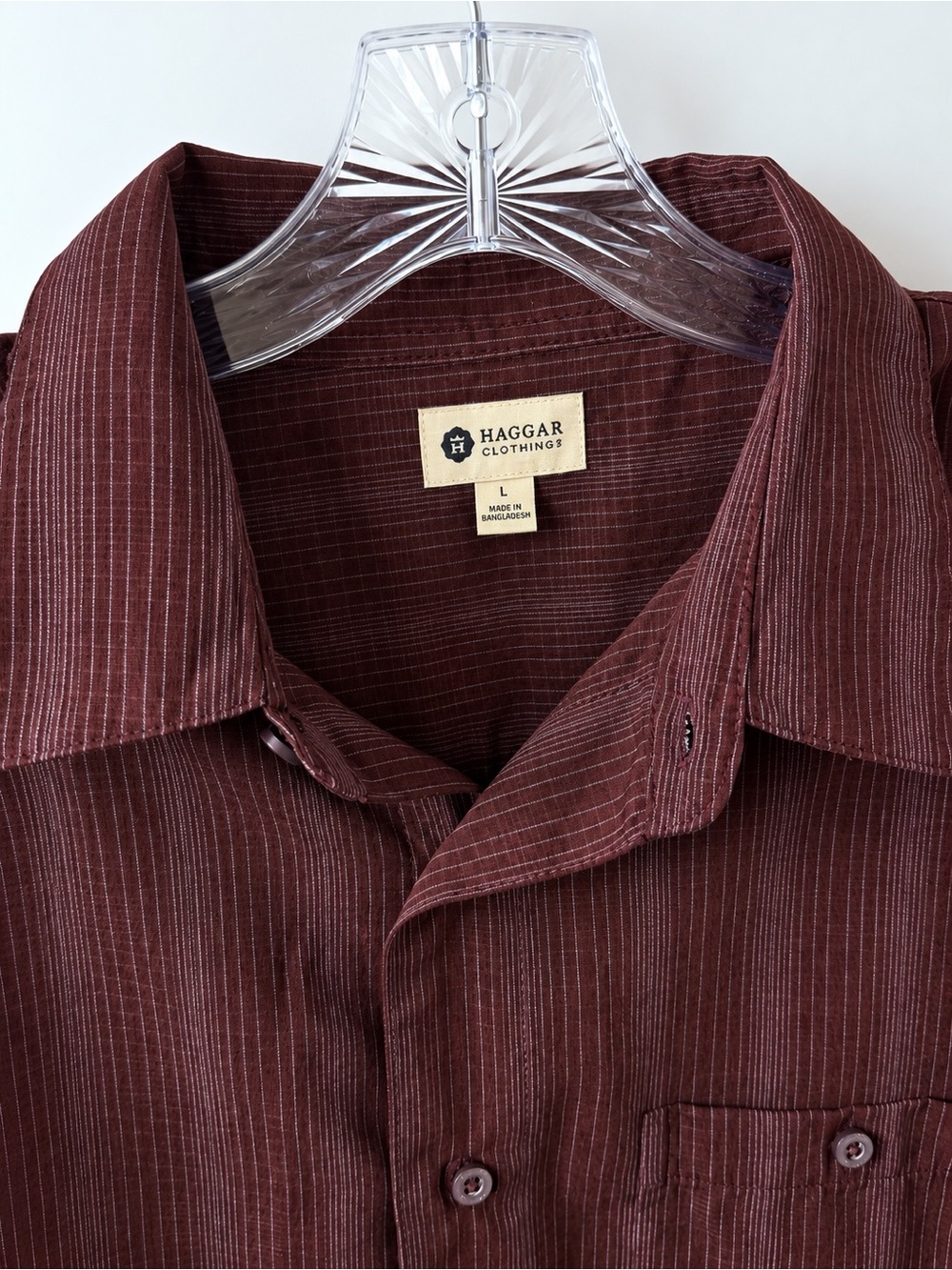 Haggar Men’s Large Brown Burgundy Striped Long Sleeve Button Up Shirt